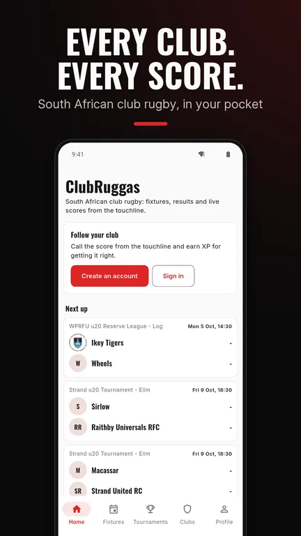 ClubRuggas app home screen with upcoming fixtures