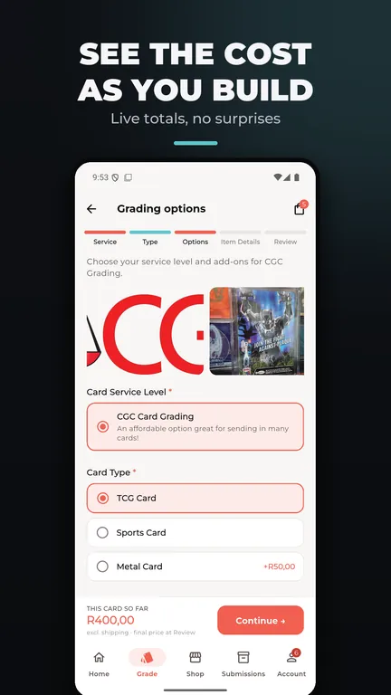 GradeIt app: grading options with live total