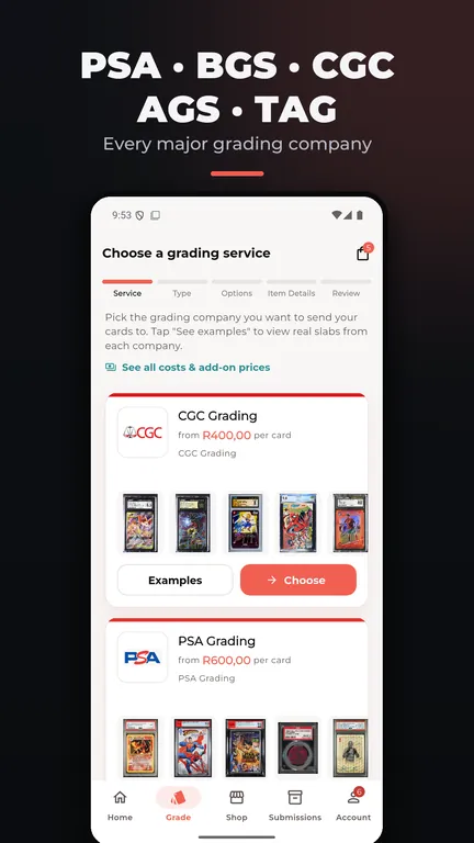 GradeIt app choosing a grading service