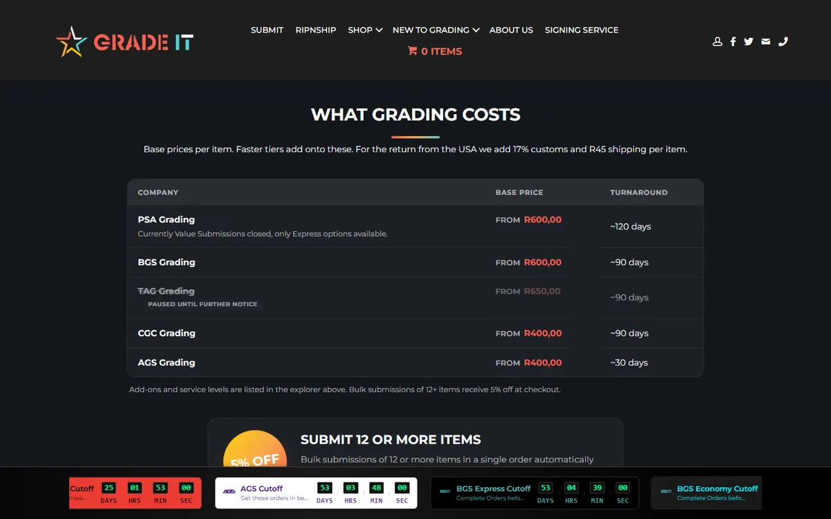 GradeIt grading costs table by company and turnaround