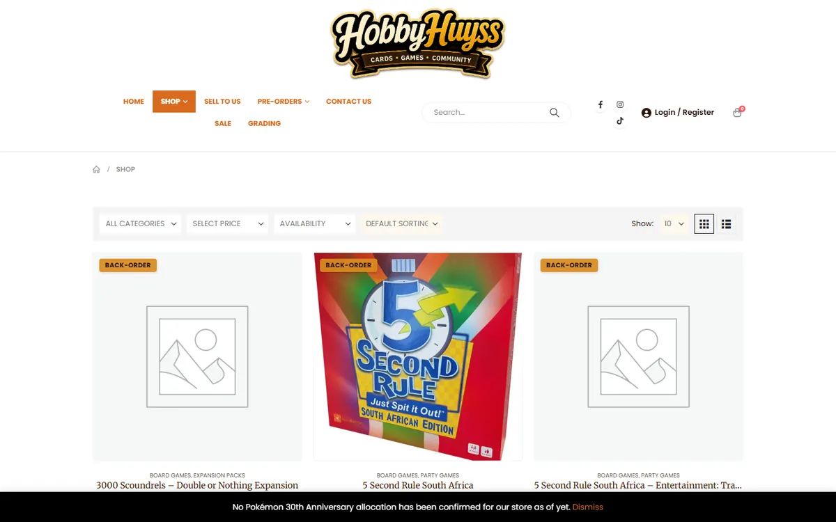 Hobby Huyss shop with filters and back-order products