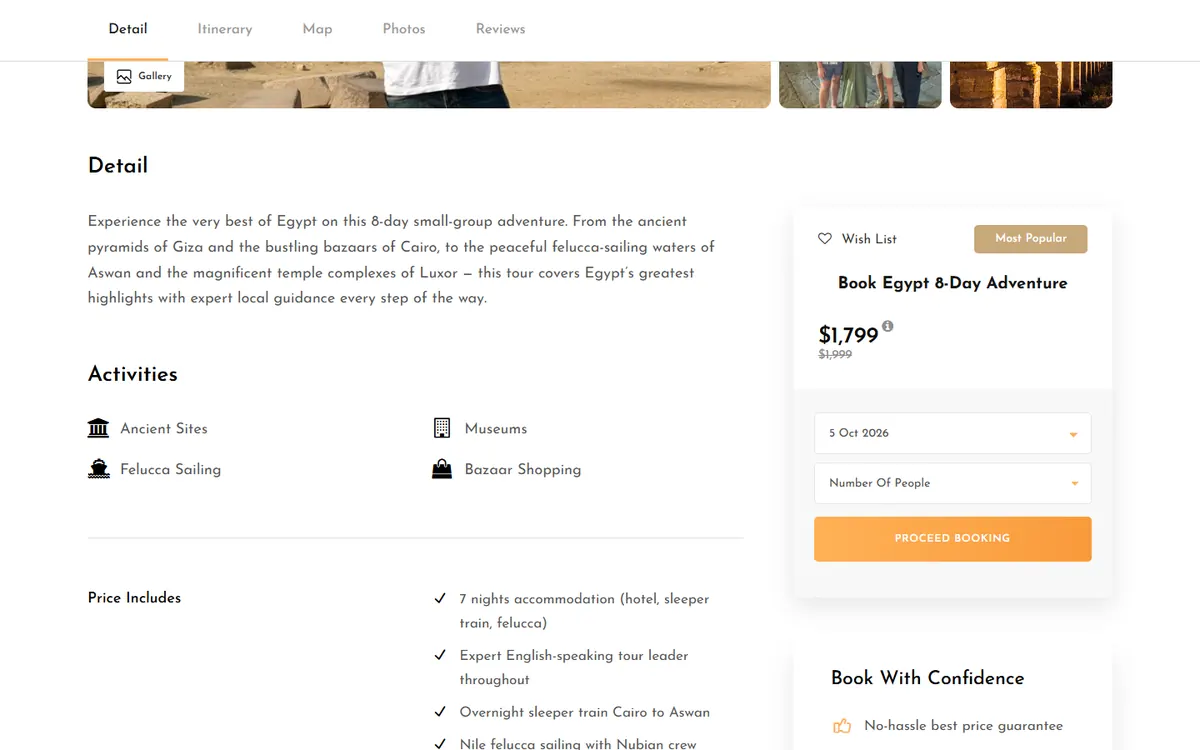 Mi Adventure Tours tour page with booking form