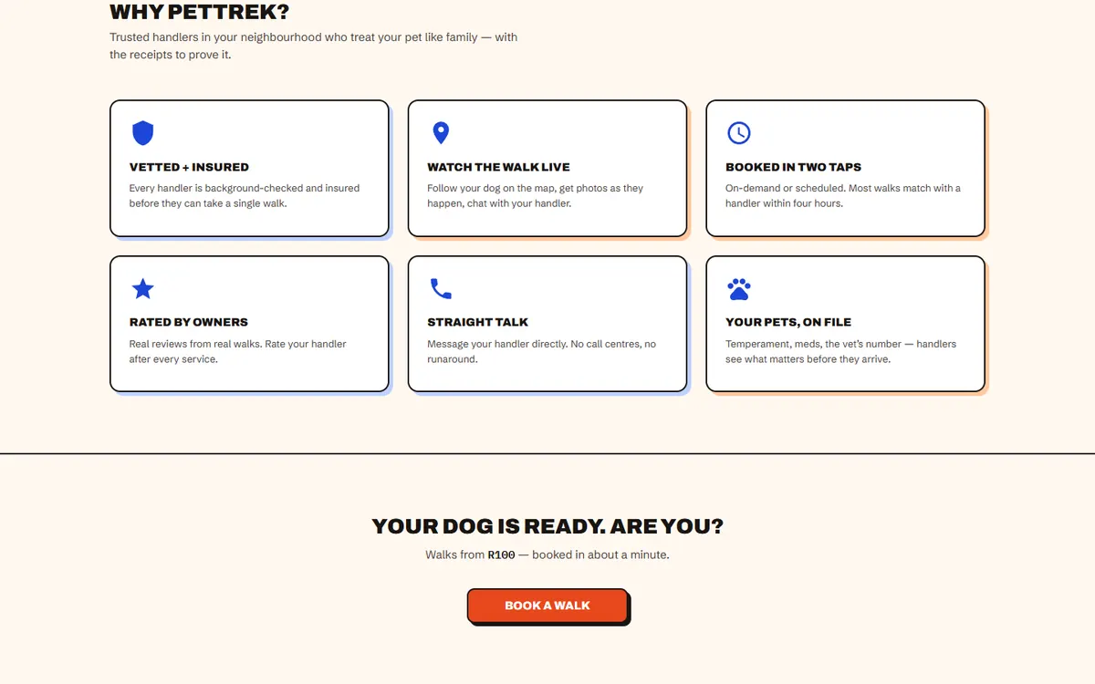 PetTrek features: vetted, live walk tracking, booked in two taps