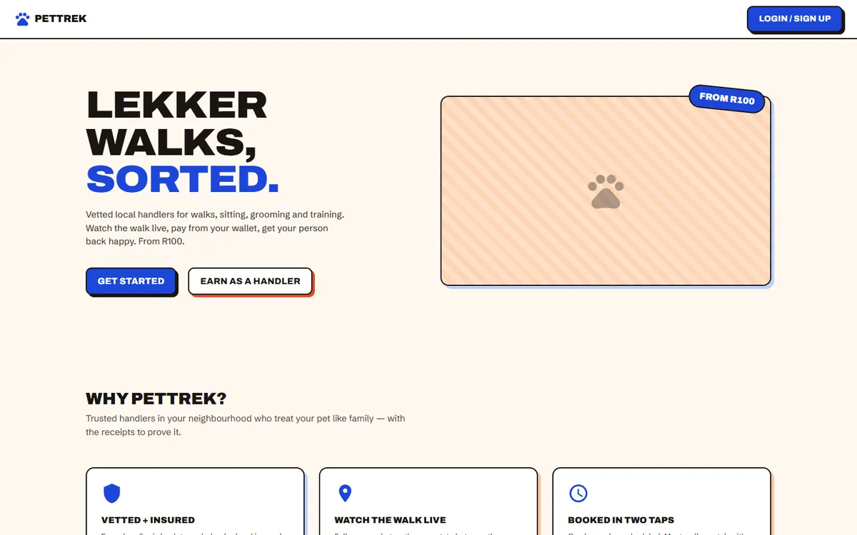 PetTrek homepage: Lekker walks, sorted.